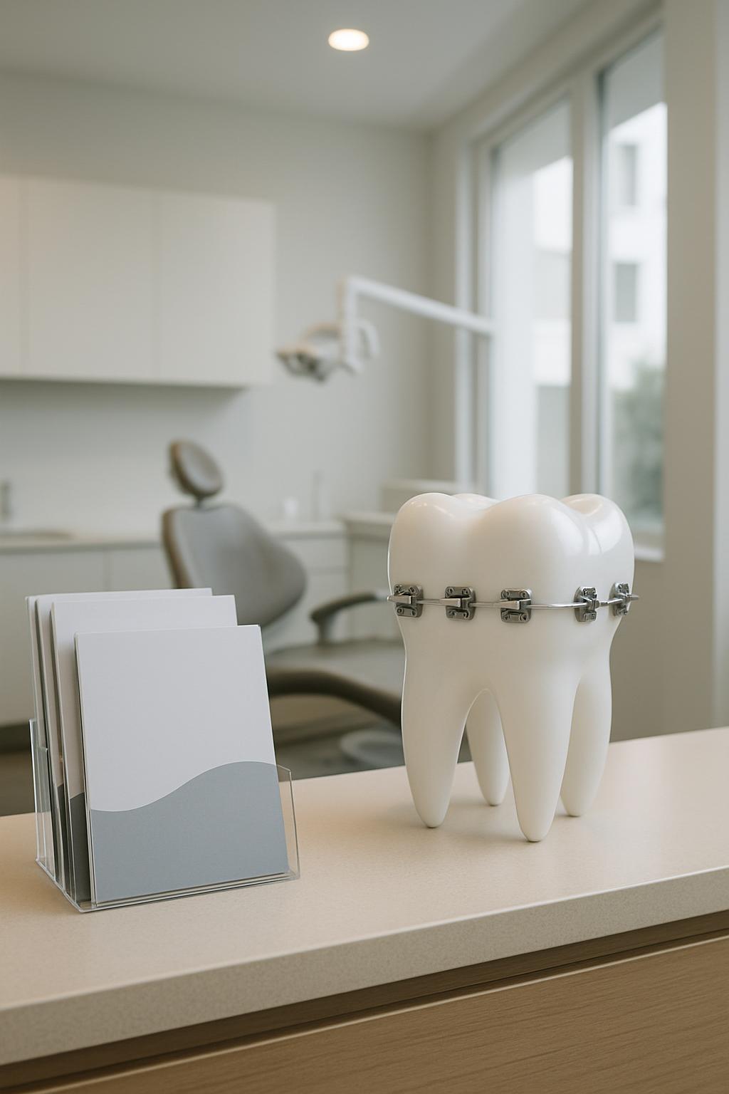 Una figura en 3D de un diente con frenillo removible sobre un estante en un consultorio dental.