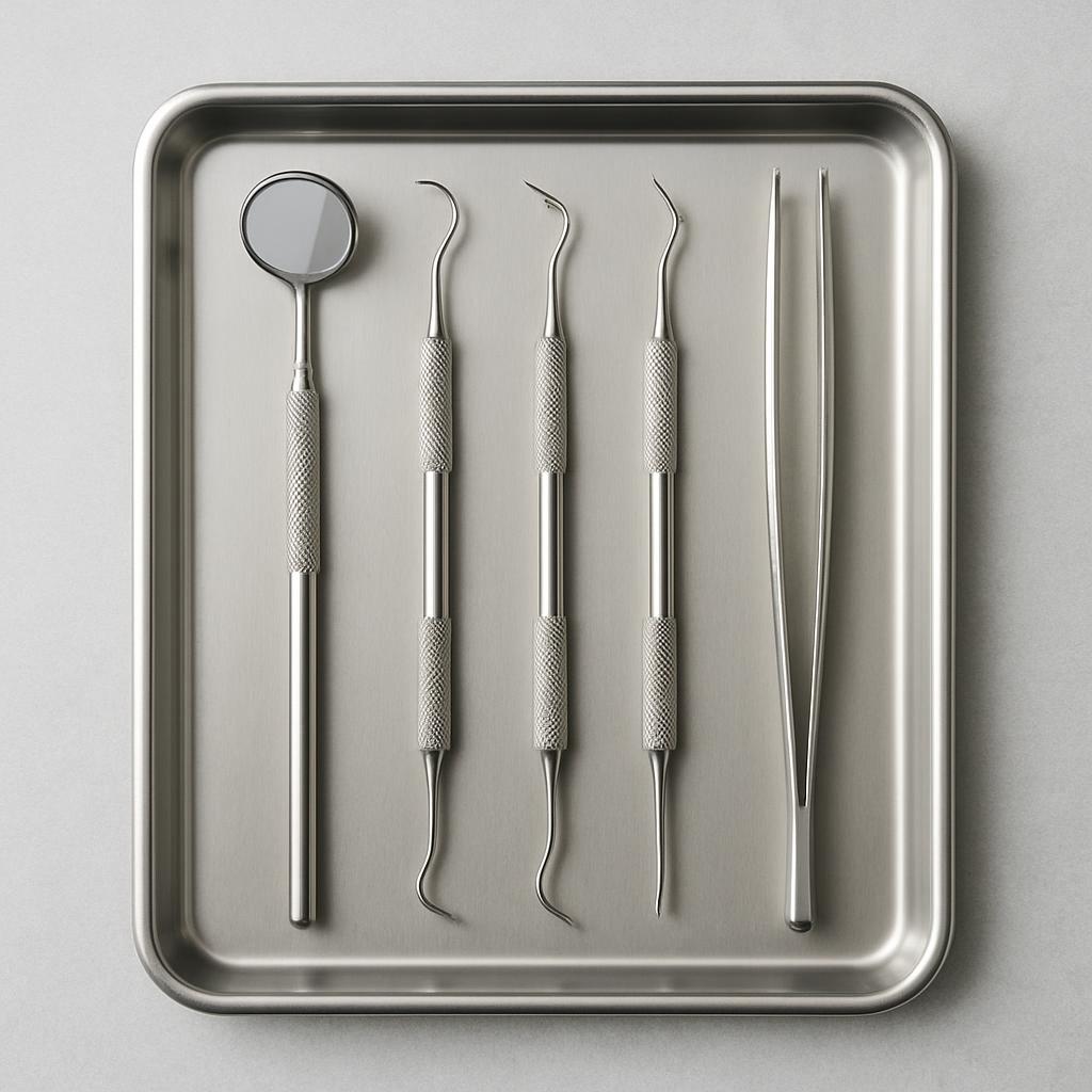 A collection of dental tools on a silver tray against a light gray background, with a smooth, integrated edge around the t...