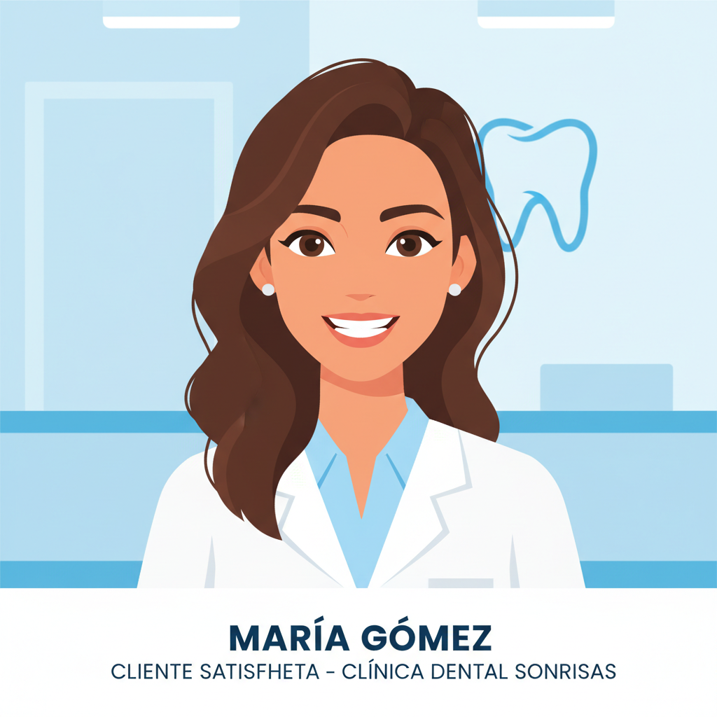 Avatar ilustrado de mujer sonriente, de aspecto amigable, de cabello castaño, estilo moderno, pensado para un testimonio de cliente llamada María Gómez en una clínica dental.