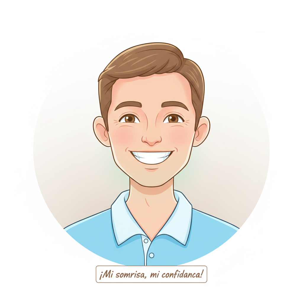 ilustración de un avatar masculino sonriente, estilo icono para testimonio de paciente dental, colores suaves y fondo claro